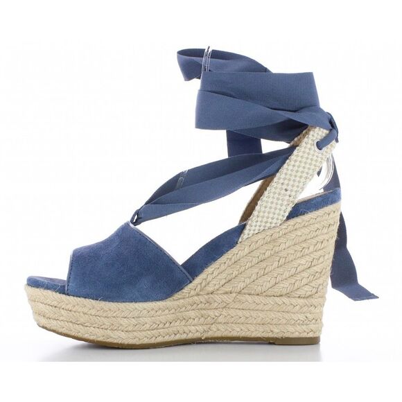 UGG Shiloh Suede Blue Sandals size 8.5 Wedge Espadrille Ribbon Tie Open Toe - Picture 1 of 11